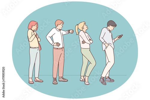 Stressed people wait in queue