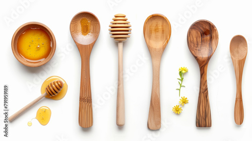 Honey and wooden dipper isolated on white background, top view