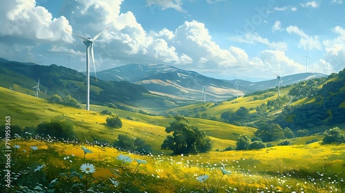 Rolling Hills and Wind Turbines Against a Blue Sky