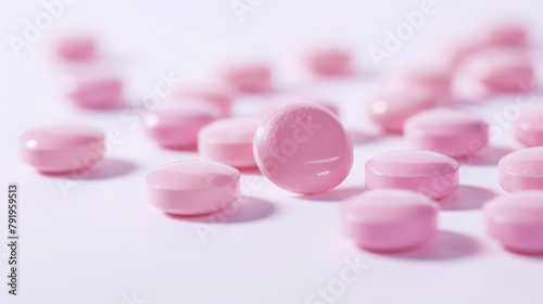 Pink capsule pills on white background. Pharmaceutical industry. Vitamins, minerals, and supplements concept. Pharmacy products. Pharmaceutical medicine Healthcare and medicine