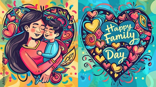 Double card, Woman lovingly holding baby in her arms and heart with the words Happy Family Day in a bright, colorful cartoon style