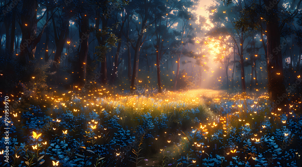 Ethereal Nightlights: Oil Painting Depicting Fireflies and Butterflies in Tranquil Night Setting