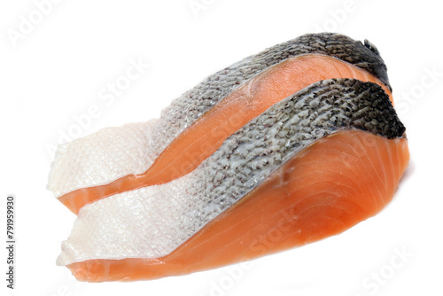 close up of fresh salmon on isolated white background