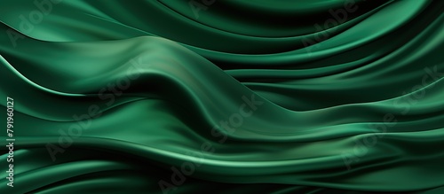 Green drapery silk fabric luxury background. Wavy abstract satin cloth texture pattern. Smooth shiny drape material curtain.