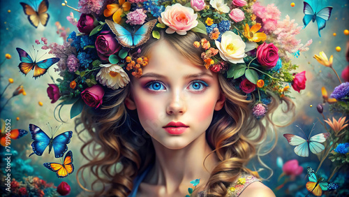 The young girl with striking blue eyes and a vibrant flower garland on her head. Butterflies of different colours flutter around her, adding to the charm of the scene.AI generated.
