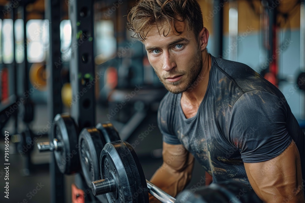 A sweaty young man with determination is engaged in a strength training session in a gym, displaying his athletic form A sweaty young man with determination is engaged in a strength training session in a gym, displaying his athletic form