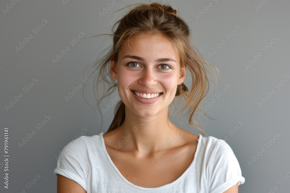 A woman with freckles and a white t-shirt grins at the camera.