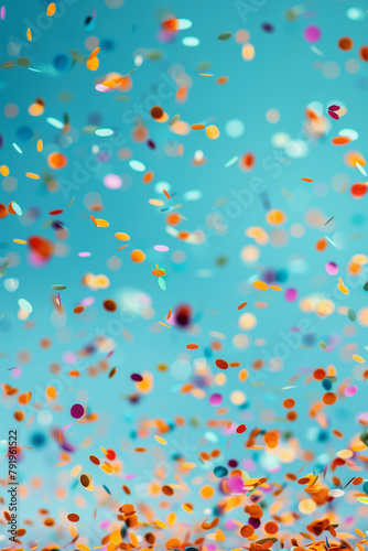 colorful confetti falling over a blue background. High quality photo