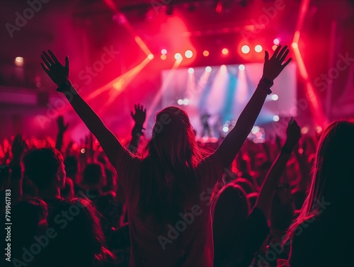 A woman is standing in a crowd of people, holding her hands up in the air. Concept of excitement and joy, as the woman and the crowd are all celebrating together. The atmosphere is lively