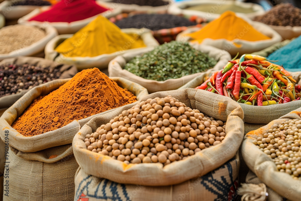 Indian spices in sacks on the market