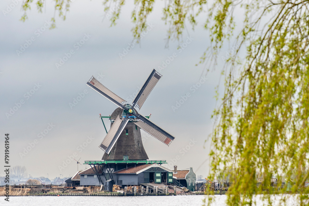 Fototapeta premium Zaanse Schans, old traditional mills, Zaanstad Municipality, European Route of Industrial Heritage, Netherlands