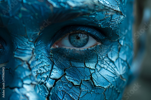 Cracked blue face. Image of a human face styled,
A realistic scary movie poster of avatar
