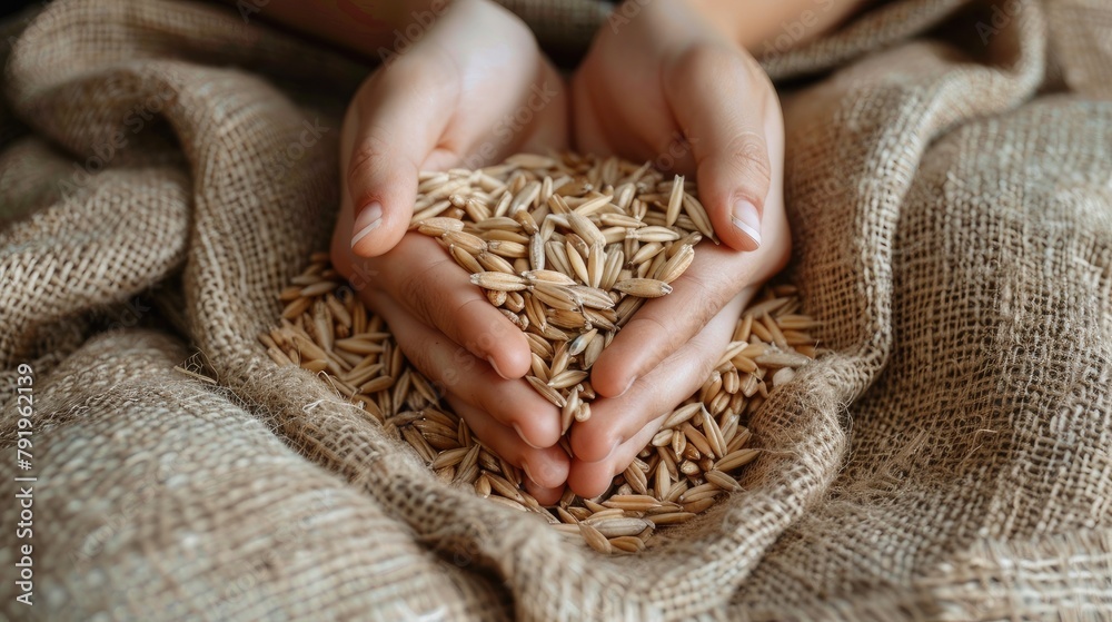 Fototapeta premium Hand holding wheat grains, a plant ingredient for cuisine