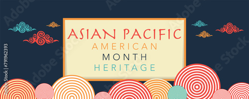 Asian American and Pacific Islander Heritage Month. Vector banner for social media, card, poster. Illustration with text and lotus, tropical leaf. Asian Pacific American Heritage Month flyer. photo