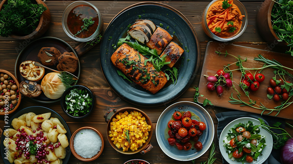 Food, Set of dishes on the table, On a wooden background, Top view, Copy space, hyperrealistic food photography