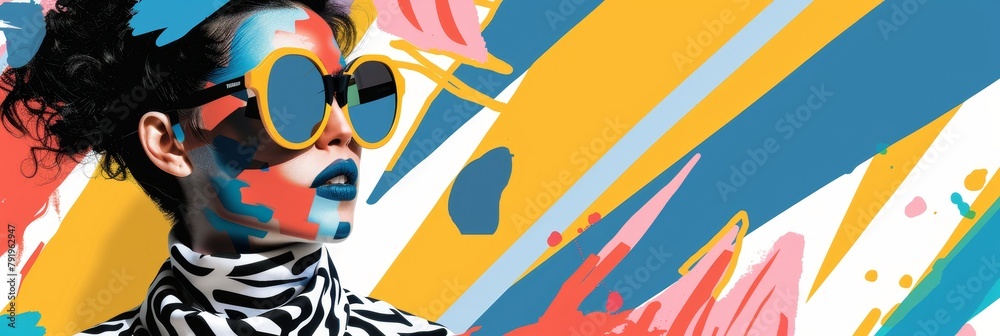 A woman with colorful makeup and sunglasses is the main focus of the image. The background is a colorful and abstract design, which adds to the overall mood of the image. The woman's outfit