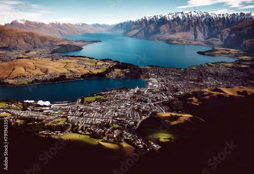 'Aerial Queenstown view Zealand New Queenstown City View Landscape Aerial Mountain Night Village Nz Road Forest Panorama Range Tourism Sunset Dusk Skyline Scenery Town Blue River Lake Wakatipu'