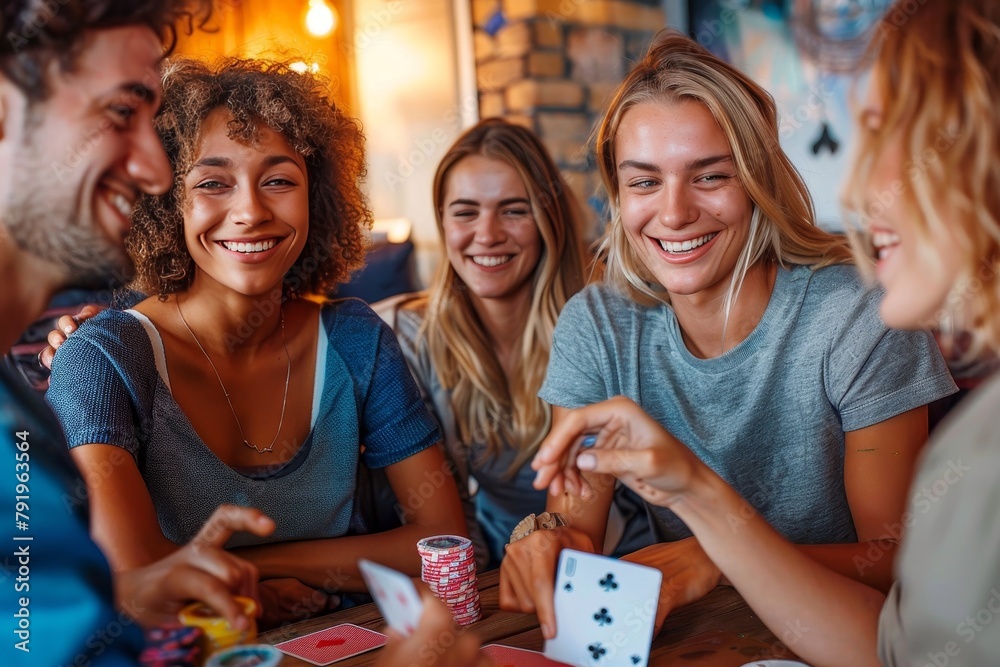 Fototapeta premium A group of diverse friends laughing and playing cards together, conveying fun and friendship