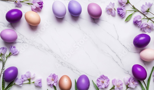 violet, brown, lavender and purple easter eggs with violet and pruple spring flowers on white marble background