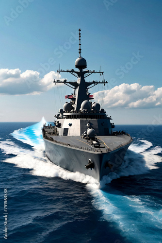 Battleship warship corvette sailing in blue open sea. Military ship floats at skyline scenery  military control of sea. Protection of water state borders. Naval forces army concept. Copy ad text space