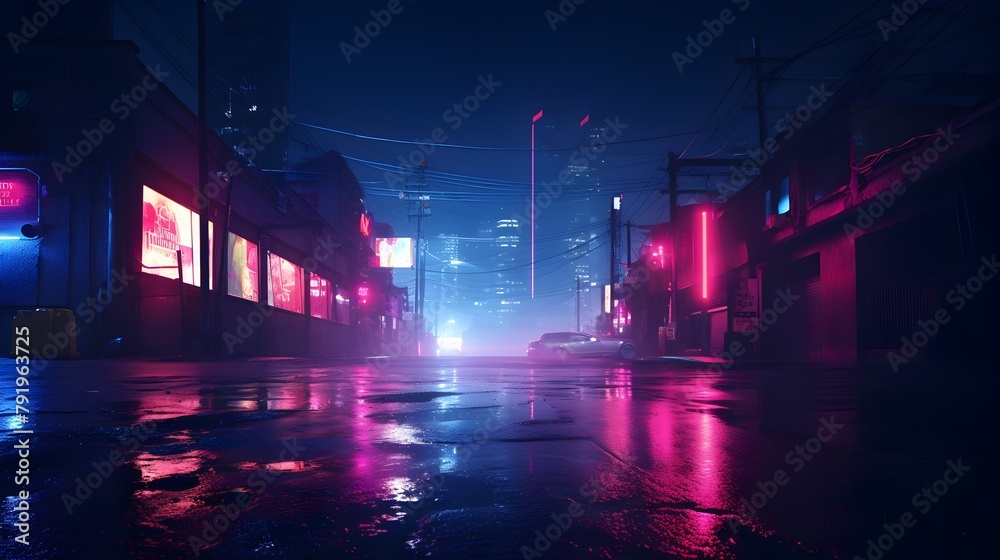 Obraz premium Behold the desolate beauty of a dark night empty scene, with the wet asphalt shimmering under the glow of red and blue neon lights, while wisps of smoke dance in the air, all captured in mesmerizing