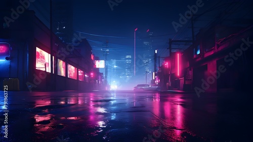  Behold the desolate beauty of a dark night empty scene, with the wet asphalt shimmering under the glow of red and blue neon lights, while wisps of smoke dance in the air, all captured in mesmerizing 