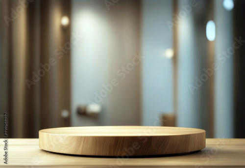 'Round wooden splay product bathroom background blurred podium poduim blur display dais table board white lifestyle towel care tile furniture beauty platform stage' photo