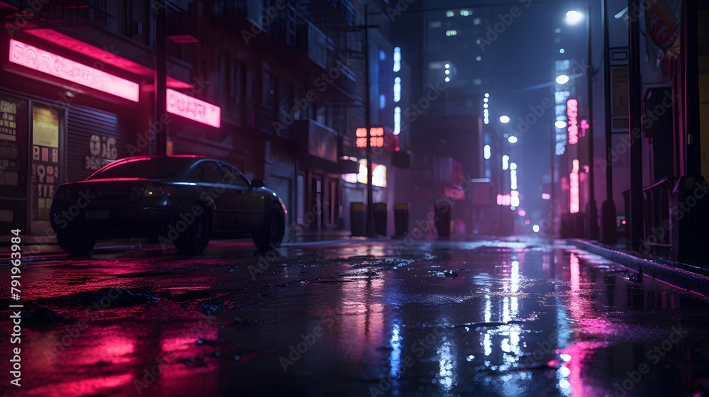  Delve into the surreal ambiance of a deserted urban scene at night, where the neon-lit streets are drenched in a haunting red and blue glow, their reflections shimmering on the rain-soaked pavement, 