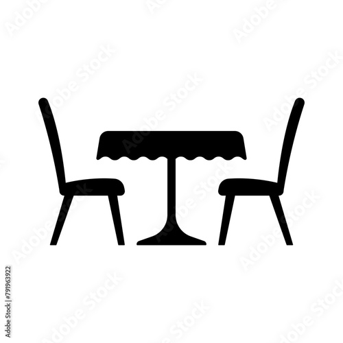 Round table with tablecloth and chairs icon. Black silhouette. Front side view. Vector simple flat graphic illustration. Isolated object on a white background. Isolate.
