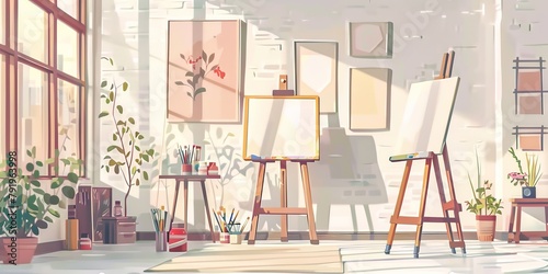 A studio with a white wall and a white canvas. There are two easels and a few potted plants photo