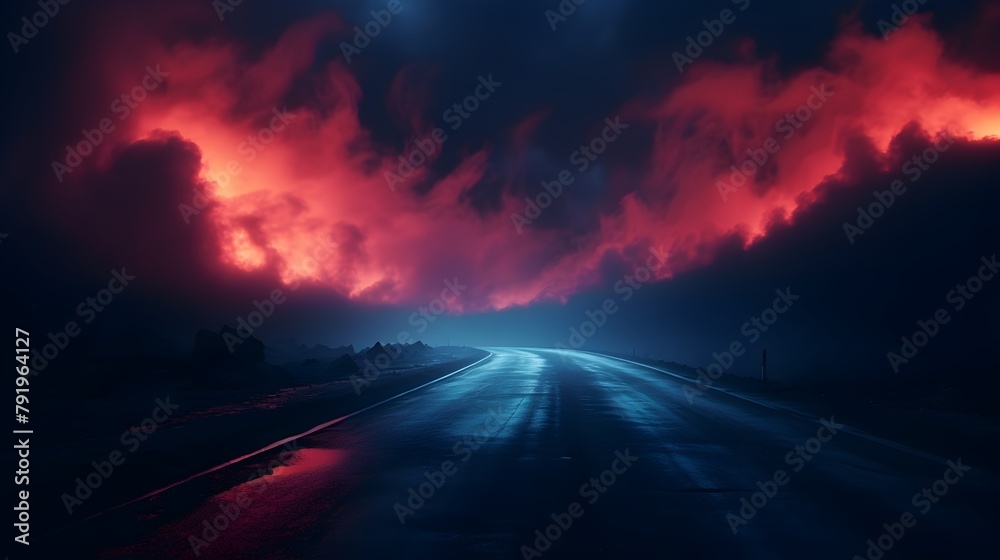  Enter a deserted nocturnal landscape, where the damp asphalt reflects the vibrant hues of red and blue neon lights, accompanied by ethereal smoke lines drifting through the air, immortalized