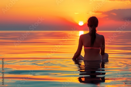 A woman in a bikini sits in calm waters as the sun sets.