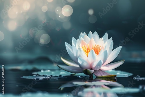 A close-up of a lotus flower emerging from a still pond