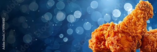 A close up of three fried chicken pieces on a blue background. Concept of indulgence and comfort, as fried chicken is often associated with hearty meals and relaxation photo