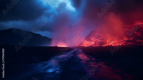  Enter a deserted nocturnal landscape, where the damp asphalt reflects the vibrant hues of red and blue neon lights, accompanied by ethereal smoke lines drifting through the air, immortalized