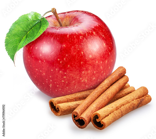 Red apple and cinnamon sticks isolated on white background.