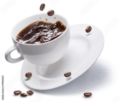 Coffee beans and coffee cup levitating in air isolated on white background. Conceptual coffee drink image.