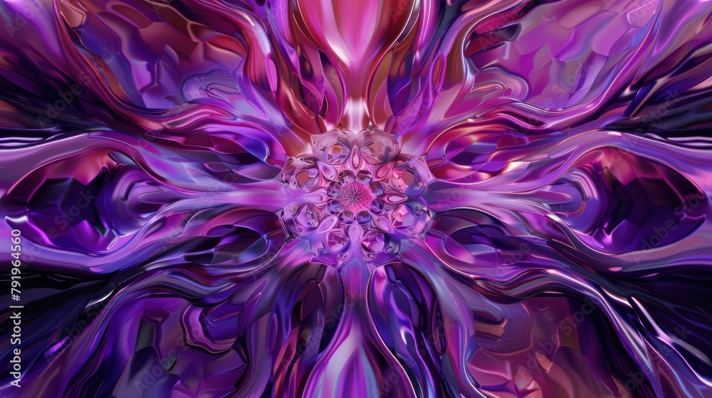 This image features a digitally-generated, flower-like structure with vibrant purple and pink hues and intricate patterns