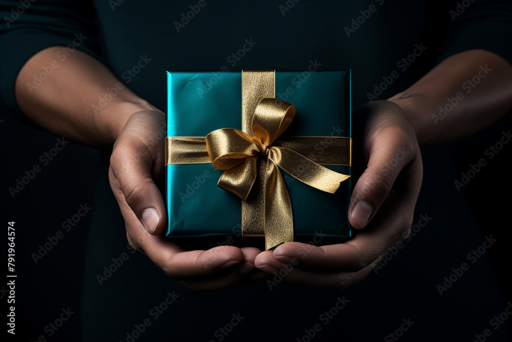 hand holding a present box with gold bow on dark background, in the style of dark teal and dark indigo сreated with Generative Ai hand holding a present box with gold bow on dark background, in the style of dark teal and dark indigo сreated with Generative Ai