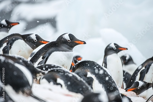 A colony of penguins huddled together on an icy Antarctic shore, their sleek bodies keeping warm as they endure the harsh polar winter. photo