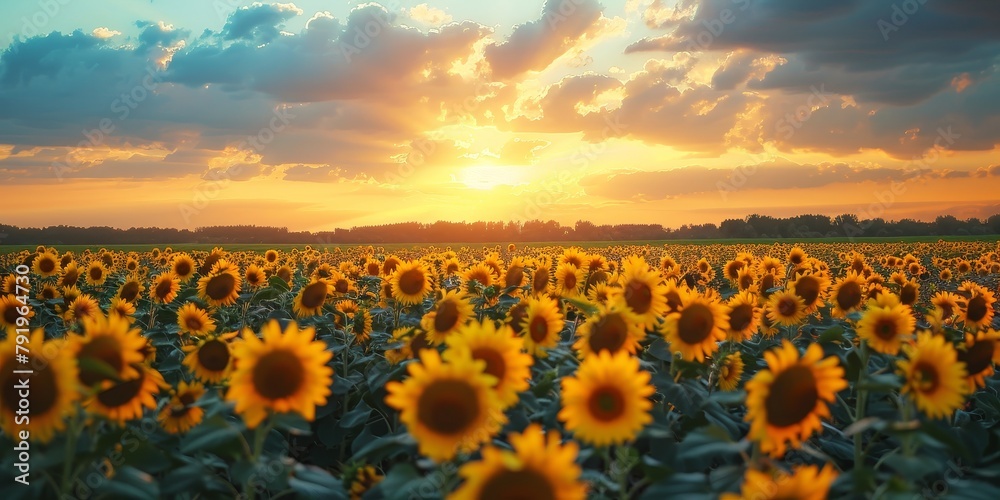 A field of sunflowers with a beautiful sunset in the background. The sunflowers are in full bloom and the sky is filled with clouds. The scene is serene and peaceful, with the sunflowers standing tall