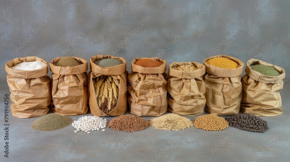 Obraz premium Bags contain various grains staple food from plant seeds