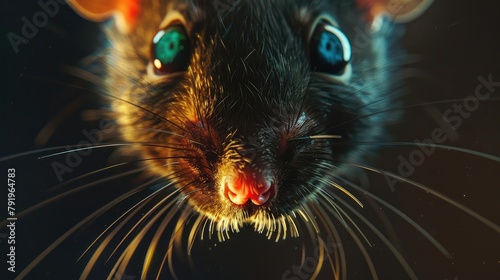 Intriguing Close-Up of a Rat’s Face with Enlarged, Radiant Eyes in Red, Blue, and Green