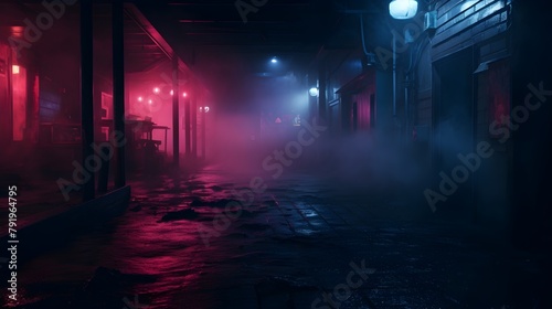  Step into the eerie ambiance of a dark night empty scene, where wet asphalt glistens under red and blue neon lights, with wisps of smoke swirling in the air, all captured in stunning HD clarity 
