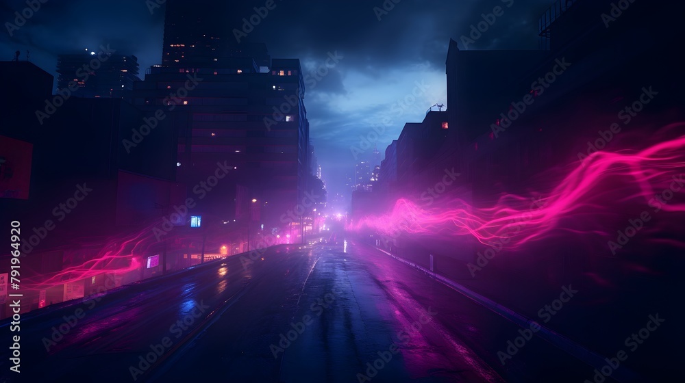  Traverse the empty streets of a darkened cityscape, where the wet asphalt reflects the vibrant neon lights above, casting an otherworldly glow on the concrete below, while tendrils of smoke curl and 