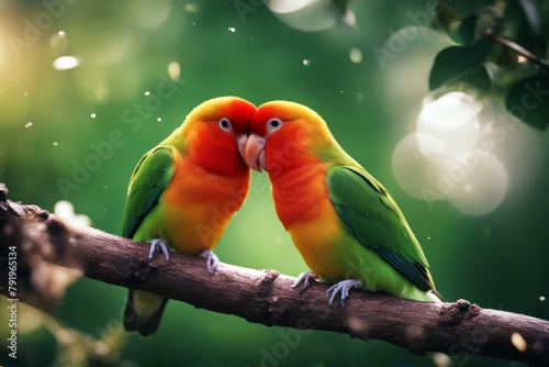 'kiss lovebird animal background beak beautiful bird blue tree branch colours colourful couple cute domestic family feather funny green happy isolated little love lovely masked many-coloured nature' photo