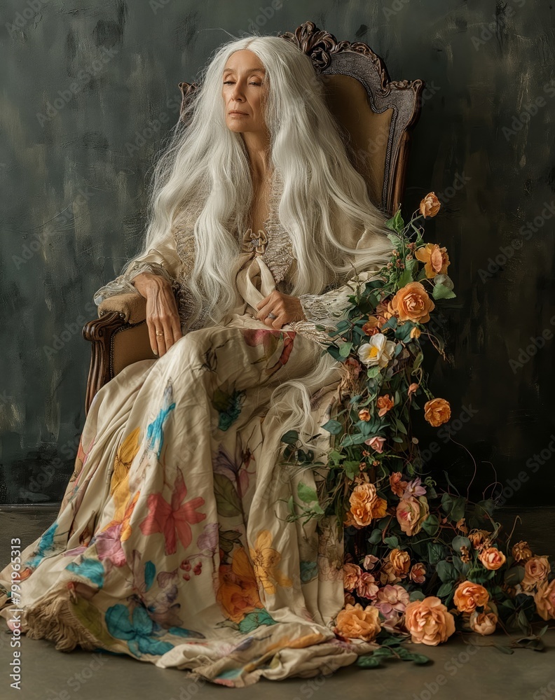 Serene mature woman with long white hair sitting in a vintage chair, adorned with flowers