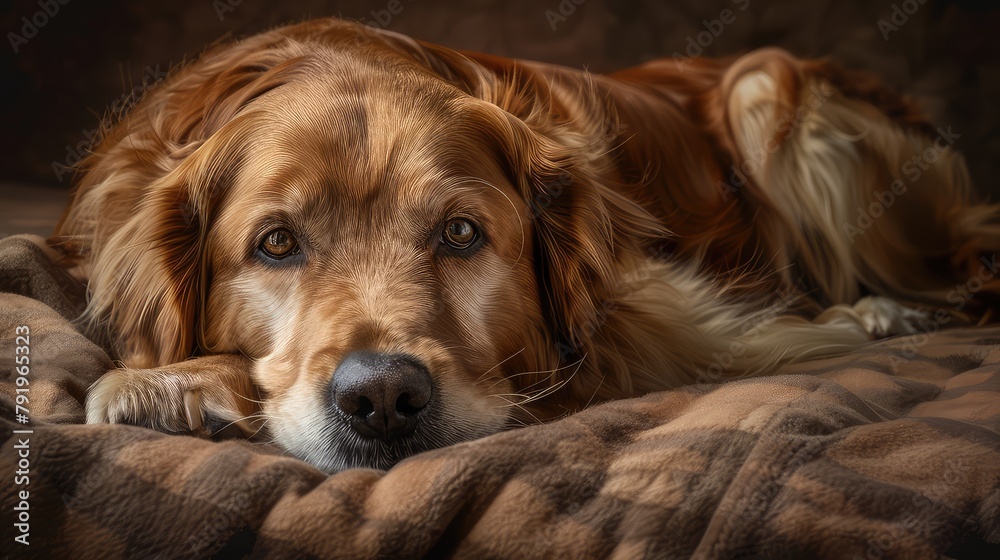 Golden Retriever Peacefully Laying in a Cozy Setting with Warm Tones Golden Retriever Peacefully Laying in a Cozy Setting with Warm Tones