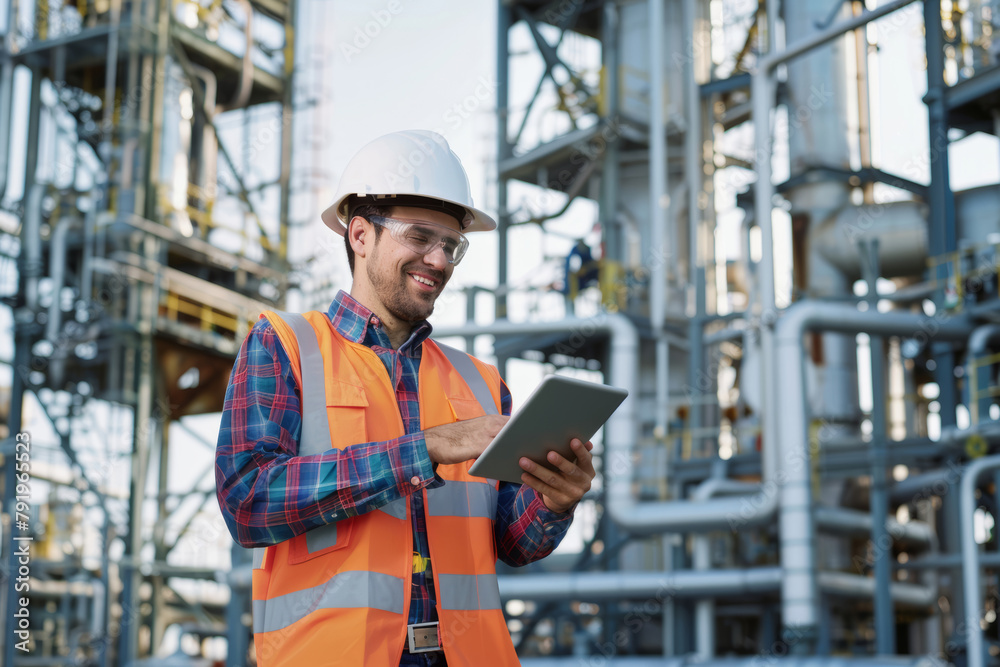 Smiling male engineer in protective helmet and safety vest holds tablet computer. Oil production plant at background. Smiling male engineer in protective helmet and safety vest holds tablet computer. Oil production plant at background.