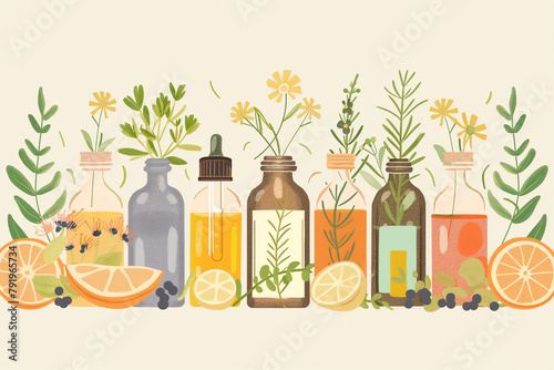 Illustration of several bottles of aromatherapy essential oil with orange fruit, herbs and flowers